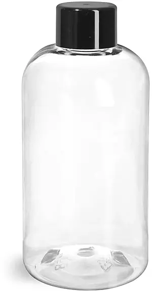 8 oz Clear PET Boston Round Bottles w/ Black Smooth Lined Caps