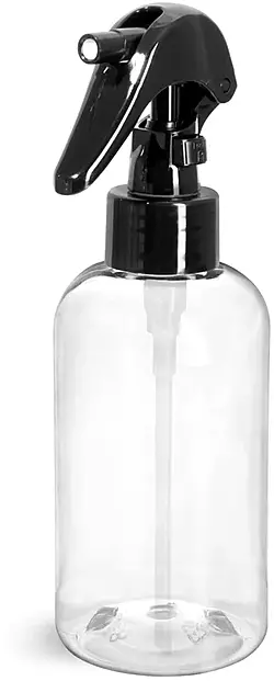 8 oz Clear PET Round Bottles w/ Black Mini Trigger Sprayers