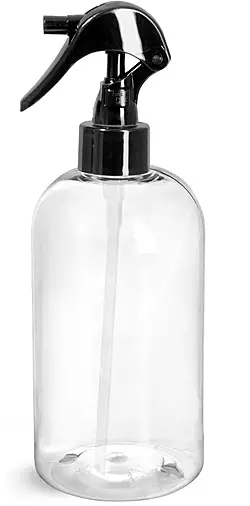 16 oz Clear PET Round Bottles w/ Black Mini Trigger Sprayers