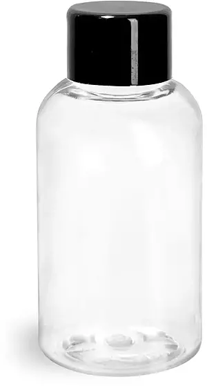 2 oz Plastic Bottles, Clear PET Boston Round Bottles w/ Black Smooth PS-22 Lined Caps