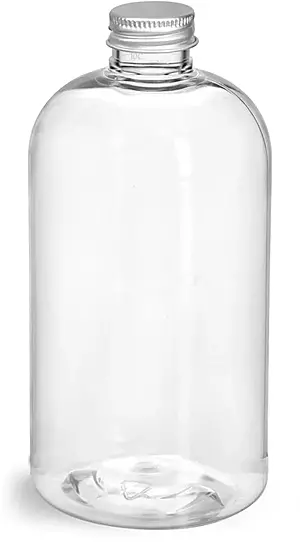 12 oz  Clear PET Boston Round Bottles w/ Lined Aluminum Caps