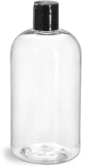 12 oz  Clear PET Boston Round Bottles w/ Smooth Black Disc Top Caps