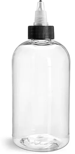 12 oz  Clear PET Boston Round Bottles w/ Black/Natural Twist Top Caps