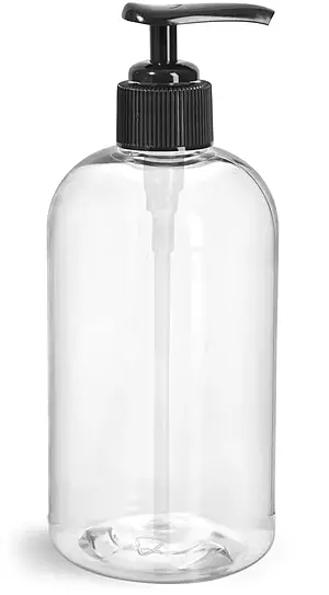 12 oz  Clear PET Boston Round Bottles w/ Black Lotion Pumps