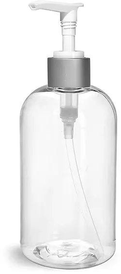 12 oz  Clear PET Boston Round Bottles w/ White Lotion Pumps w/ Brushed Aluminum Collar