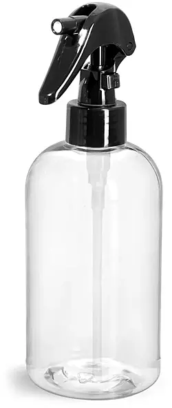 12 oz  Clear PET Boston Round Bottles w/ Black Mini Trigger Sprayers