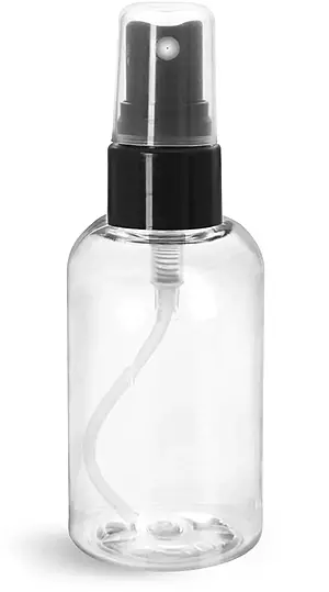 2 oz Plastic Bottles, Clear PET Boston Round Bottles w/ Smooth Black Fine Mist Sprayers