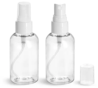 2 oz Plastic Bottles, Clear PET Boston Round Bottles w/ Smooth White Fine Mist Sprayers
