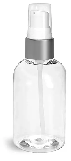 4 oz PET Plastic Bottles, Clear Boston Round Bottles w/ White Lotion Pumps w/ Brushed Aluminum Collars