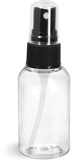 2 oz Clear PET Boston Round Bottles w/ Black Fine Mist Sprayers