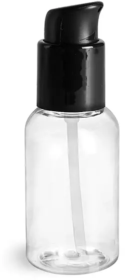 2 oz Clear PET Boston Round Bottles With Black Treatment Pumps