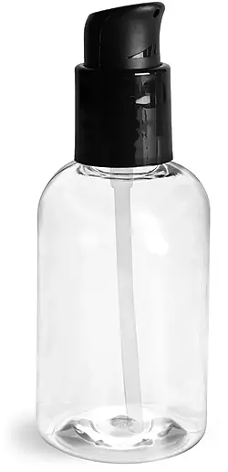 4 oz Clear PET Boston Round Bottles With Black Treatment Pumps