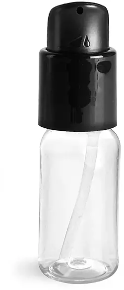 1 oz Clear PET Boston Round Bottles With Black Treatment Pumps