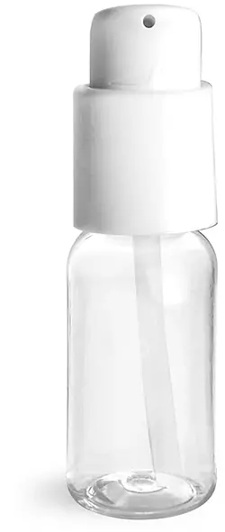 1 oz Clear PET Boston Round Bottles w/ White Treatment Pumps