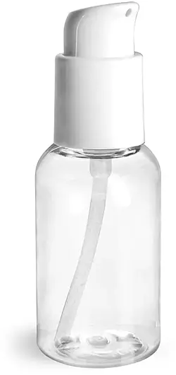 2 oz  Clear PET Boston Round Bottles w/ White Treatment Pumps