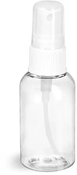2 oz Clear PET Boston Round Bottles w/ White Fine Mist Sprayers