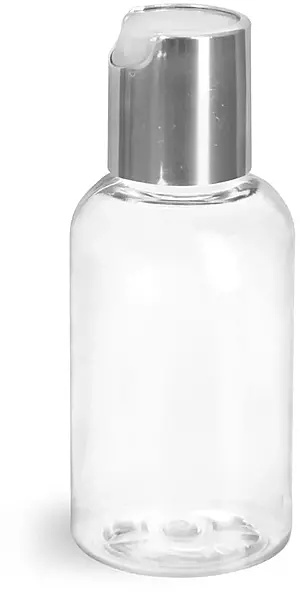 2 oz Clear PET Boston Round Bottles w/ Silver Disc Top Caps