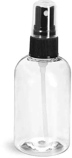 4 oz Clear PET Boston Round Bottles w/ Black Fine Mist Sprayers
