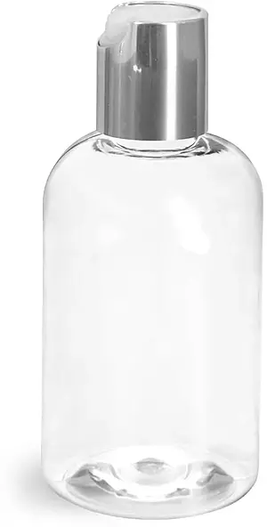 4 oz Clear PET Boston Round Bottles w/ Silver Disc Top Caps