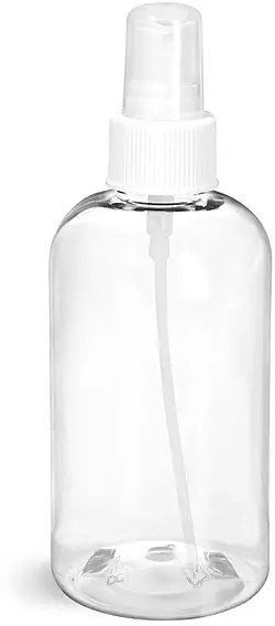 8 oz Clear PET Boston Round Bottles w/ White Fine Mist Sprayers