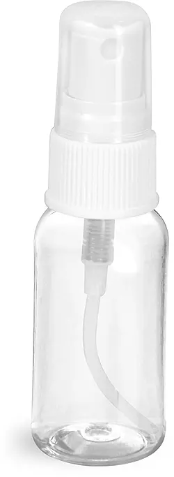 1 oz Clear PET Boston Round Bottles w/ White Fine Mist Sprayers