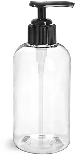 8 oz Clear PET Boston Round Bottles w/ Black Lotion Pumps