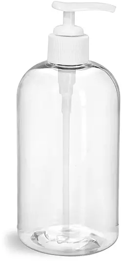 8 oz Clear PET Boston Round Bottles w/ White Lotion Pumps & Treatment Pumps