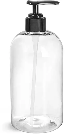 16 oz Clear PET Boston Round Bottles w/ Black Lotion Pumps