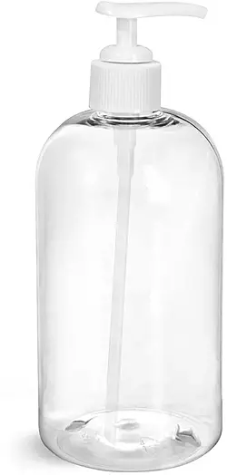 16 oz Clear PET Boston Round Bottles w/ White Lotion Pumps & Treatment Pumps