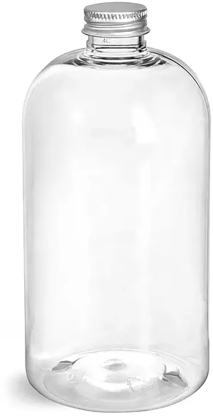 16 oz Clear PET Boston Round Bottles w/ Lined Aluminum Caps