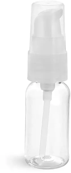 1 oz Clear PET Boston Round Bottles w/ Natural Treatment Pumps