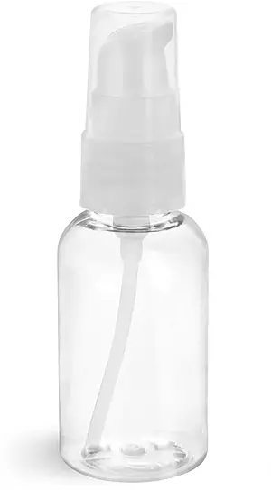 2 oz Clear PET Boston Round Bottles w/ Natural Treatment Pumps