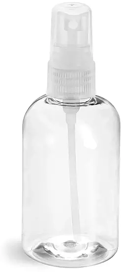 4 oz Clear PET Boston Round Bottles w/ Natural Fine Mist Sprayers