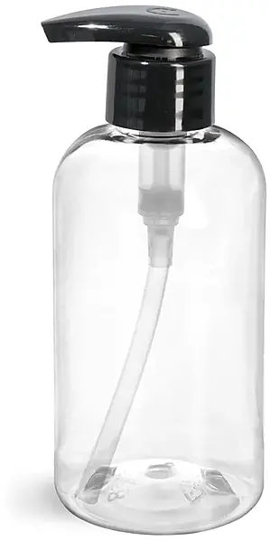 8 oz Clear PET Boston Round Bottles w/ 2 cc Black Lotion Pumps