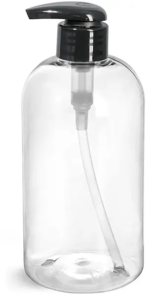 16 oz Clear PET Boston Round Bottles w/ Black 2 cc Lotion Pumps