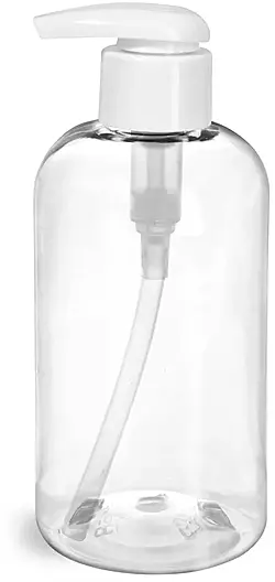 8 oz Clear PET Boston Round Bottles w/ White Lotion Pumps