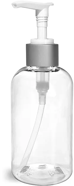 8 oz Clear PET Boston Round Bottles w/ White Lotion Pumps w/ Brushed Aluminum Collars