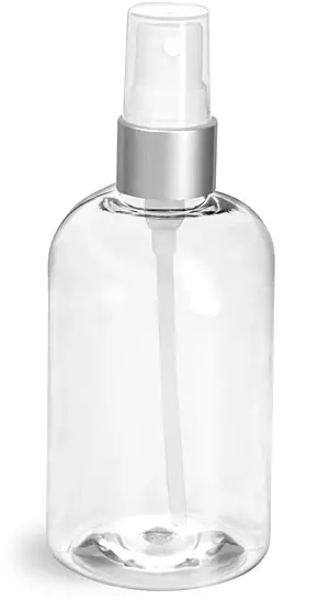 4 oz Clear PET Boston Round Bottles w/ White Sprayers w/ Brushed Aluminum Collars