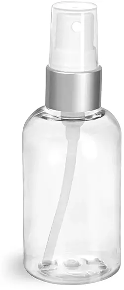 2 oz Clear PET Boston Round Bottles w/ White Sprayers w/ Brushed Aluminum Collars