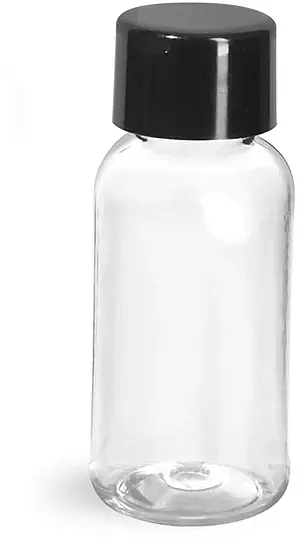 1 oz Clear PET Boston Round Bottles with Black Smooth Lined Caps