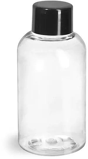 2 oz Clear PET Boston Round Bottles w/ Black Smooth Lined Caps