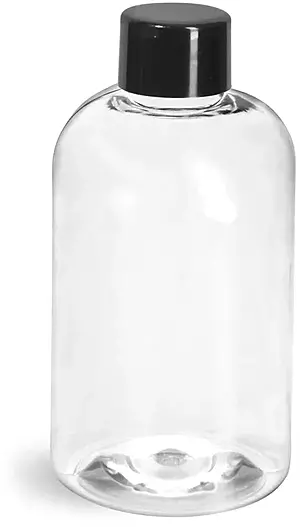 4 oz Clear PET Boston Round Bottles w/ Black Smooth Lined Caps