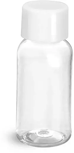 1 oz Clear PET Boston Round Bottles w/ White Smooth Lined Caps