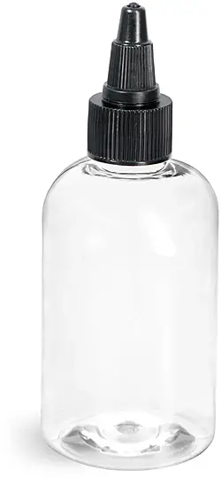 4 oz Clear PET Boston Round Bottles w/ Black Twist Top Caps