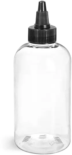8 oz Clear PET Boston Round Bottles w/ Black Twist Top Caps