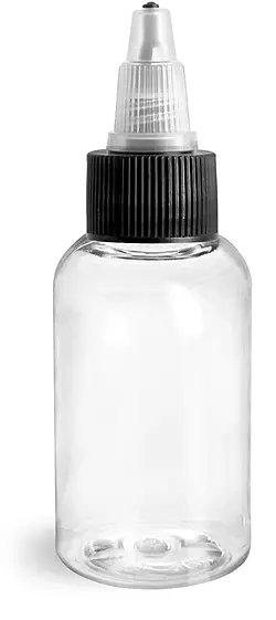 2 oz Clear PET Boston Round Bottles w/ Black / Natural Twist Top Caps