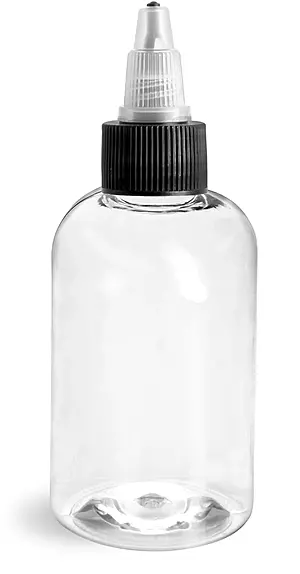 4 oz Clear PET Boston Round Bottles w/ Black / Natural Twist Top Caps
