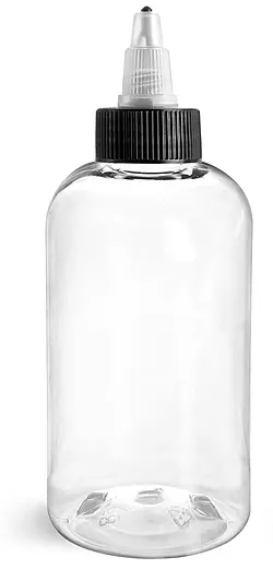 8 oz Clear PET Boston Round Bottles w/ Black / Natural Twist Top Caps