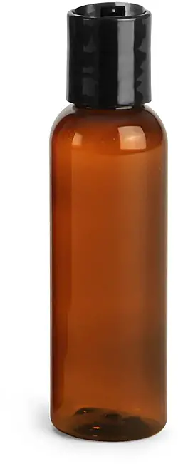 2 oz Amber PET Cosmo Round Bottles w/ Smooth Black Disc Top Caps