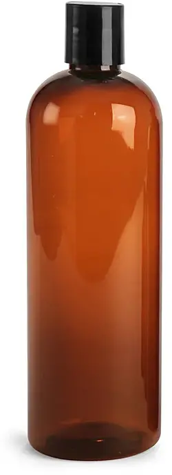 16 oz Amber PET Cosmo Round Bottles w/ Black Disc Top Caps